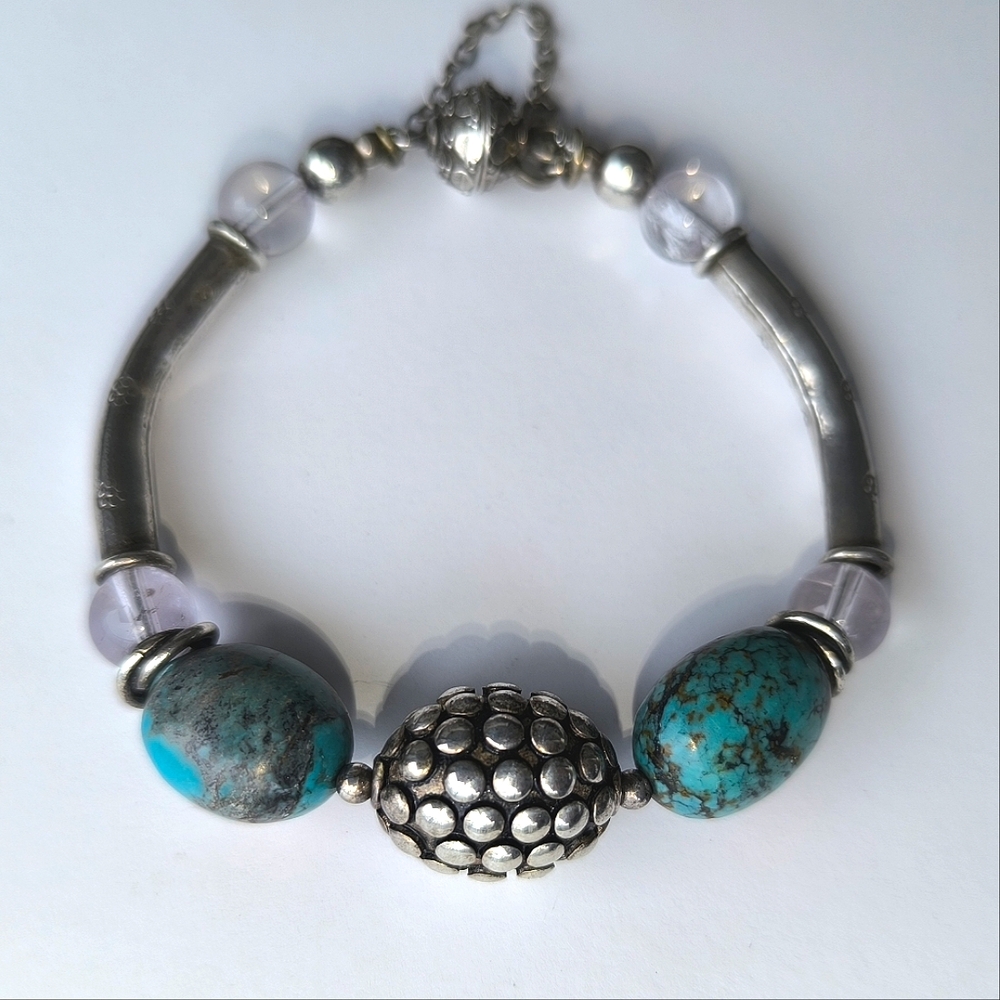 Sterling Silver Turquoise Rose Quartz Bracelet